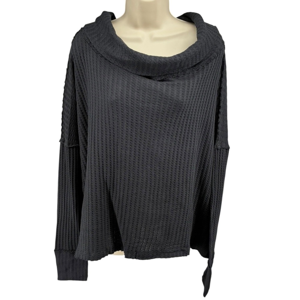Black Waffle Knit Cowl Neck Thermal Top Oversized Slouchy Free People XS